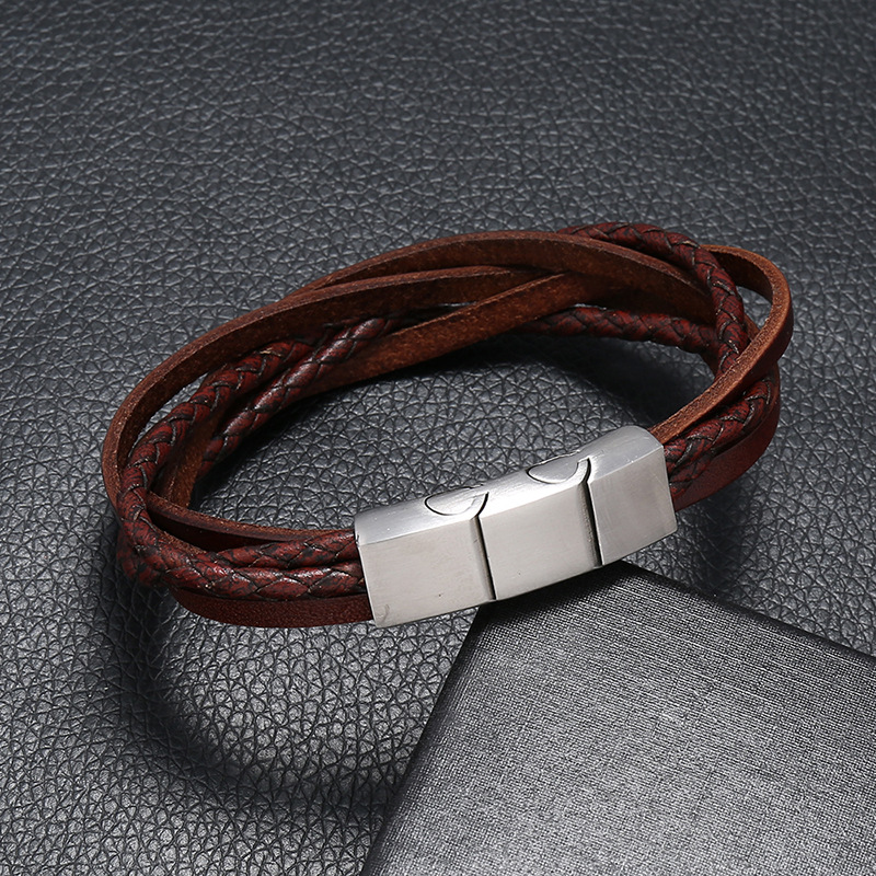 Punk's new stainless steel magnetic buckle bracelet, hand woven retro cowhide bracelet, cross-border one-piece dropshipping