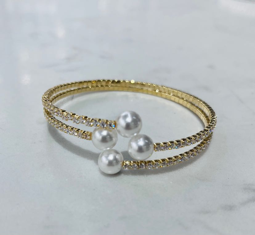 Real gold color preservation electroplated pearl zircon handmade multi loop elastic fashion versatile bracelet