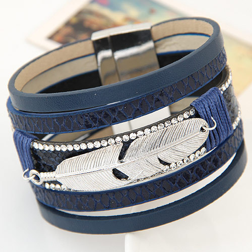 European and American popular metal leaf feather leather multi-layer personalized ultra wide magnetic buckle bracelet handmade Brazilian bracelet