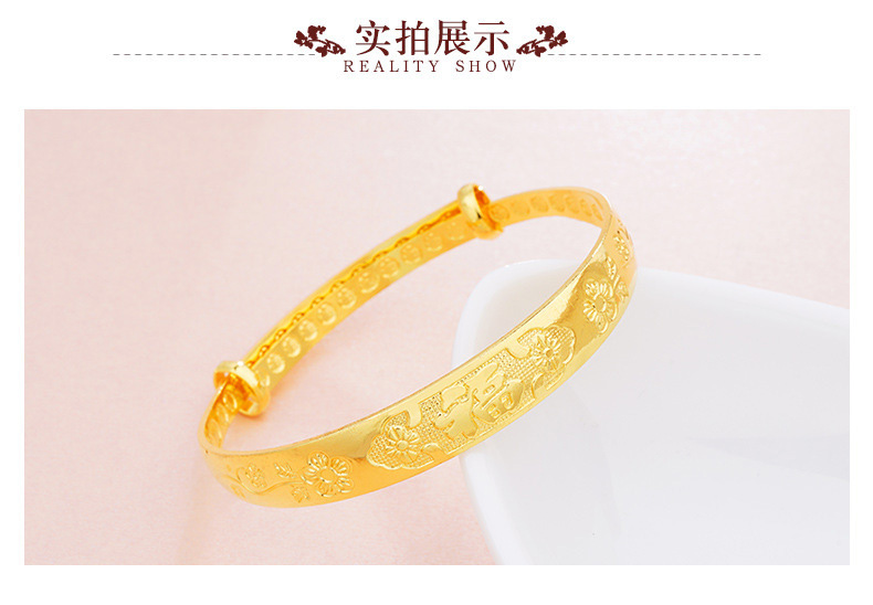 Wholesale 10mm brass gold-plated push-pull bracelet for Vietnamese women, featuring a wide face bracelet with the character 'Fu' that never fades over time