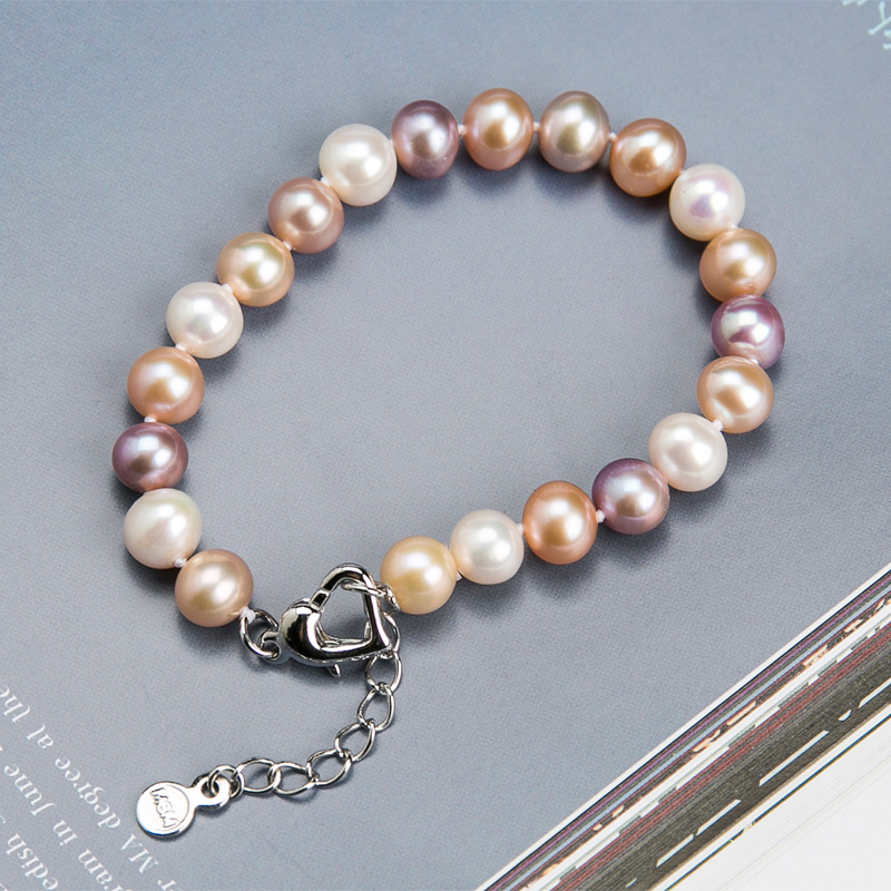 New Fashionable Fresh Freshwater Pearl Mixed Color Women's Round Pearl Bracelet Hand String Gift Wholesale