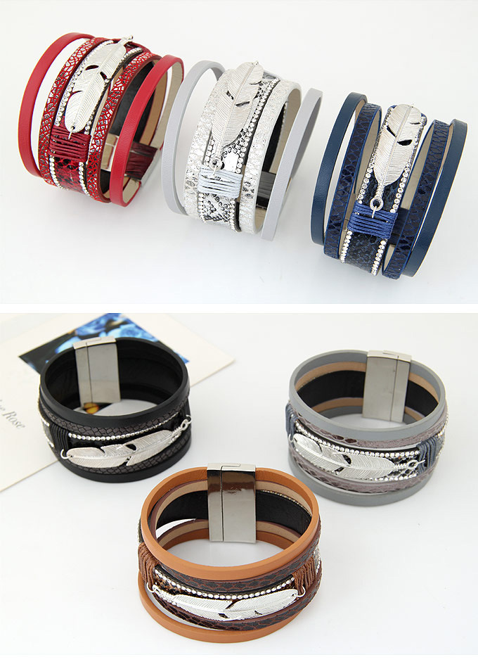 European and American popular metal leaf feather leather multi-layer personalized ultra wide magnetic buckle bracelet handmade Brazilian bracelet