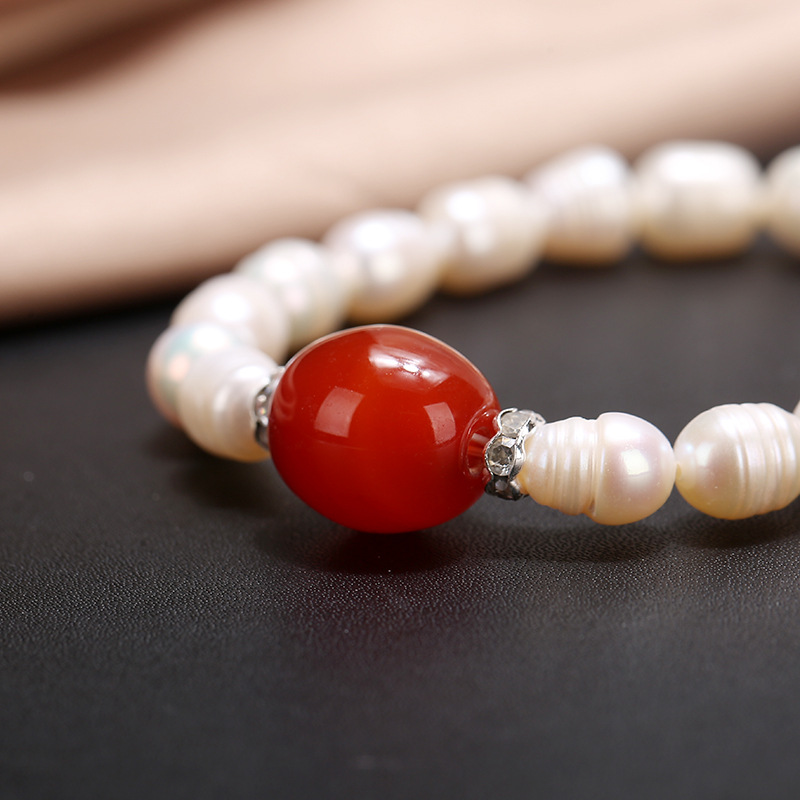 Popular rice shaped natural freshwater pearl bracelet with drum shaped agate and pearl bracelet for women