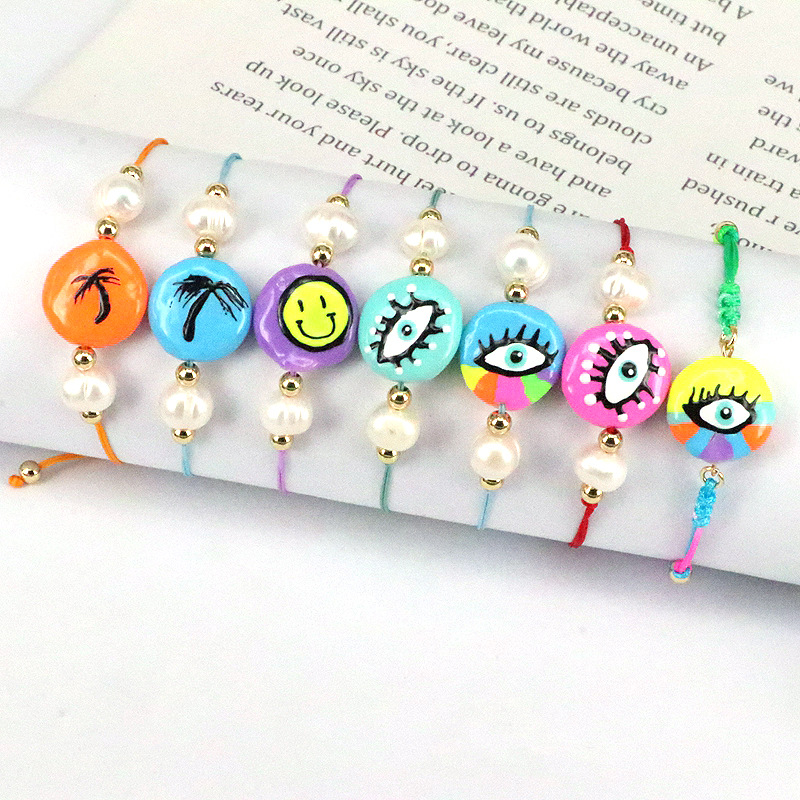 New design: Colorful Drip Oil Eyes, Freshwater Pearl, Evil Eye Charm Bracelet, Pearl Shape Random