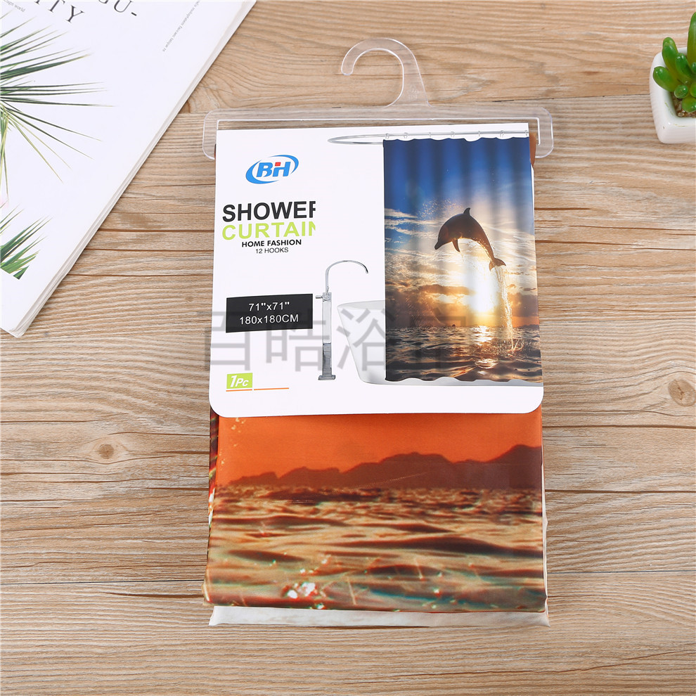 [Baihao] Cross border waterproof shower curtain, digital printing shower curtain, waterproof belt hook, polyester bathroom curtain combination