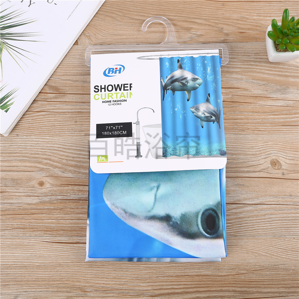 [Baihao] Cross border waterproof shower curtain, digital printing shower curtain, waterproof belt hook, polyester bathroom curtain combination