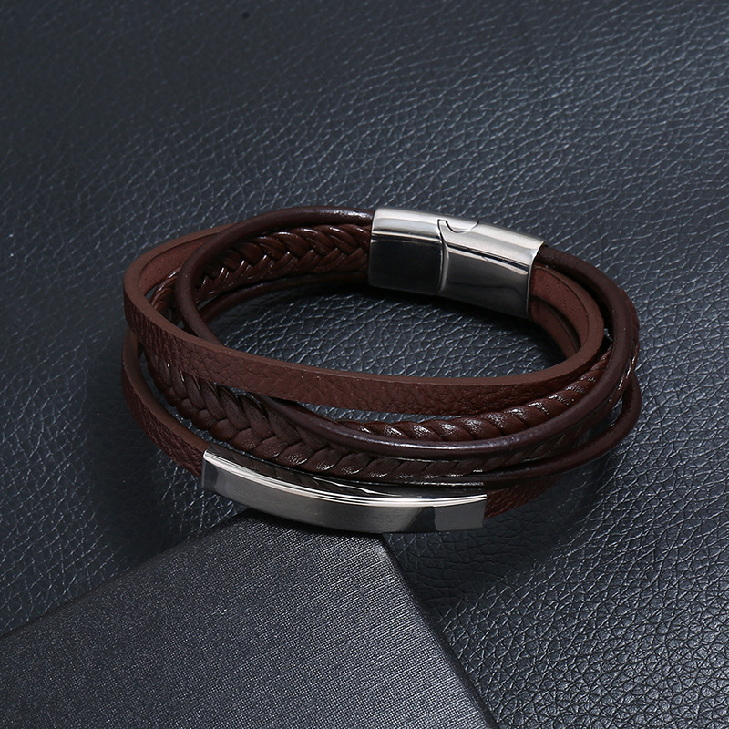 Cross border hot selling hot selling stainless steel leather bracelet, simple multi-layer cowhide retro woven titanium steel bracelet