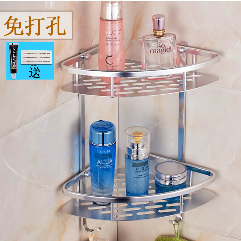 Punching free manufacturer produces space aluminum double-layer bathroom shelf with matte/glossy brushed triangular frame batch