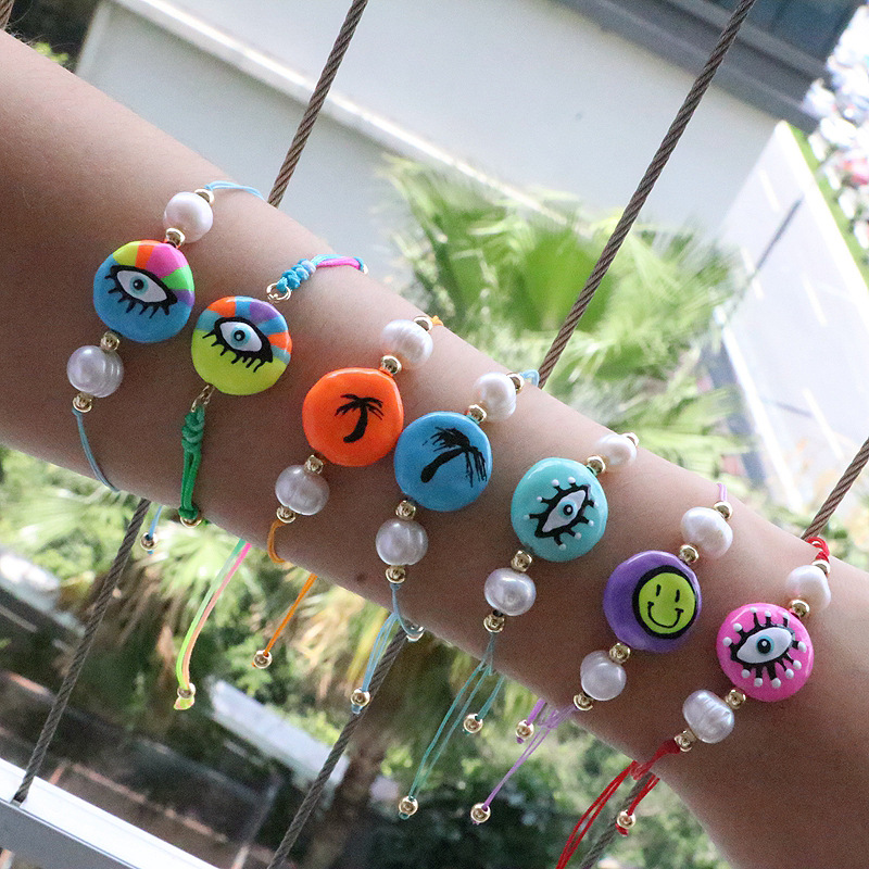 New design: Colorful Drip Oil Eyes, Freshwater Pearl, Evil Eye Charm Bracelet, Pearl Shape Random