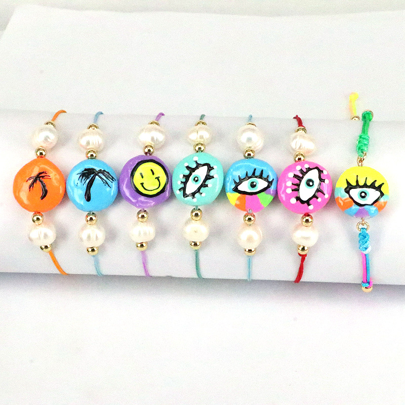 New design: Colorful Drip Oil Eyes, Freshwater Pearl, Evil Eye Charm Bracelet, Pearl Shape Random