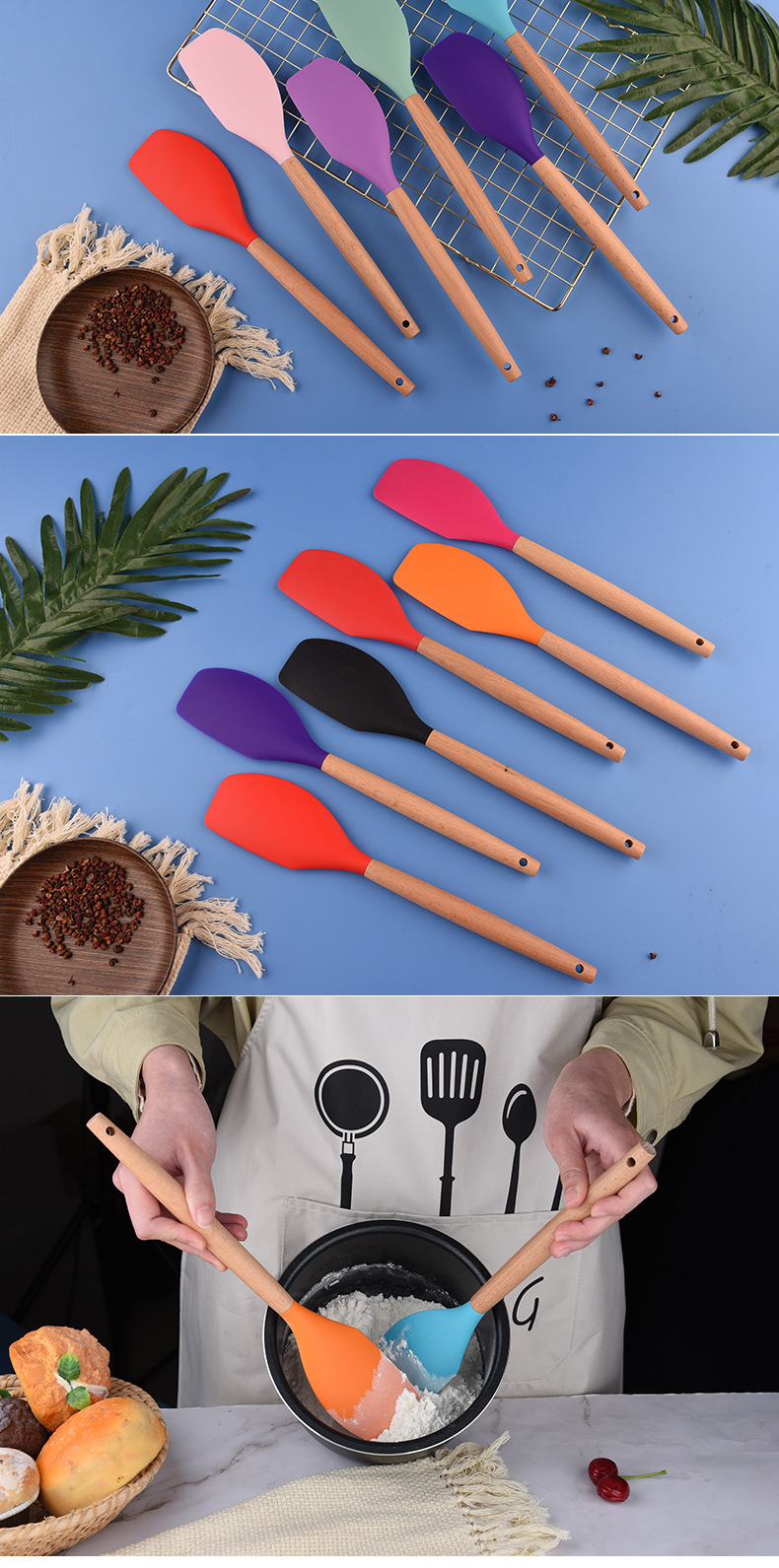 Baking tool beech handle silicone scraper cake scraper large wooden handle scraper