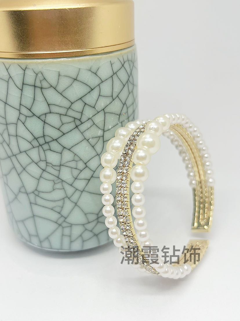 Trendy Diamond Jewelry Crystal Full Diamond Multi Layer Bracelet Pearl Water Diamond Wrapped Open Bracelet Inlaid Diamond Bracelet for Women