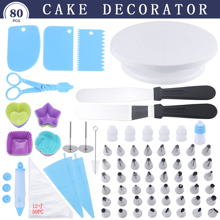 Amazon hot selling 80 piece cake turntable decoration piping nozzle set piping table sugar flipping baking tool