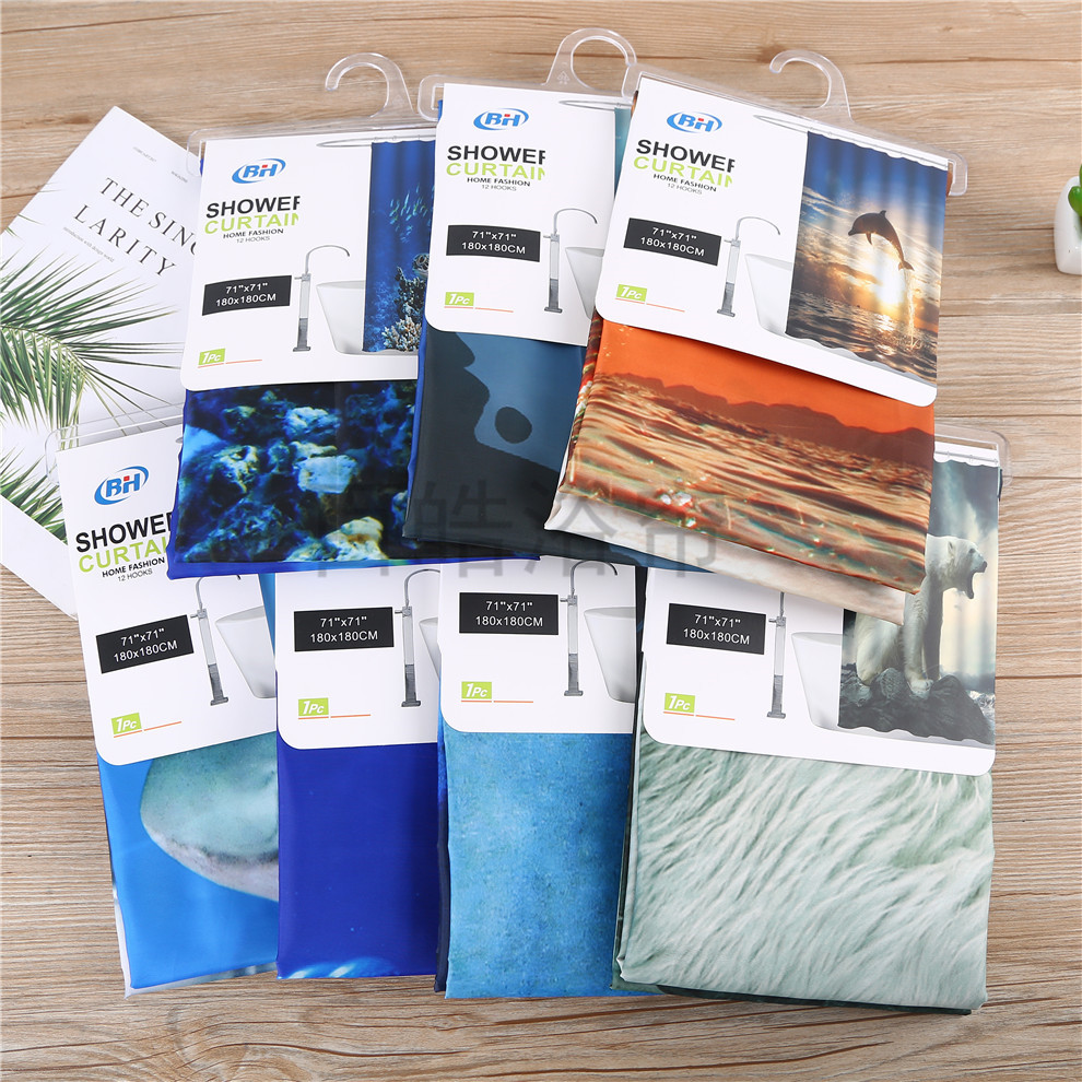 [Baihao] Cross border waterproof shower curtain, digital printing shower curtain, waterproof belt hook, polyester bathroom curtain combination