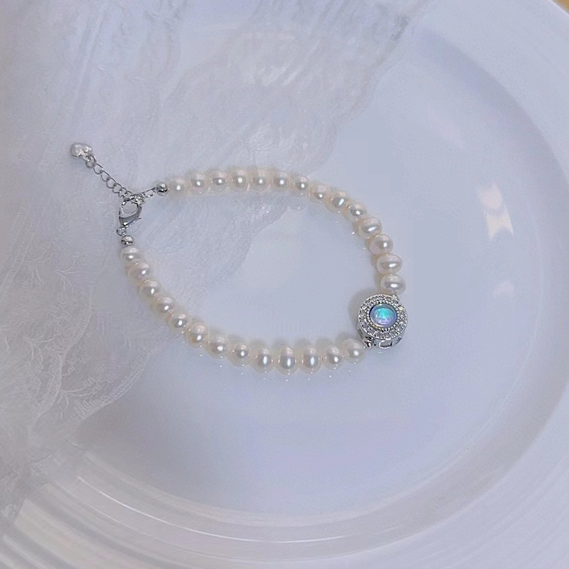 Sea Blue Treasure Micro Inlaid 5-6MM Freshwater Pearl Near Round Flawless Pearl Bracelet Hand String