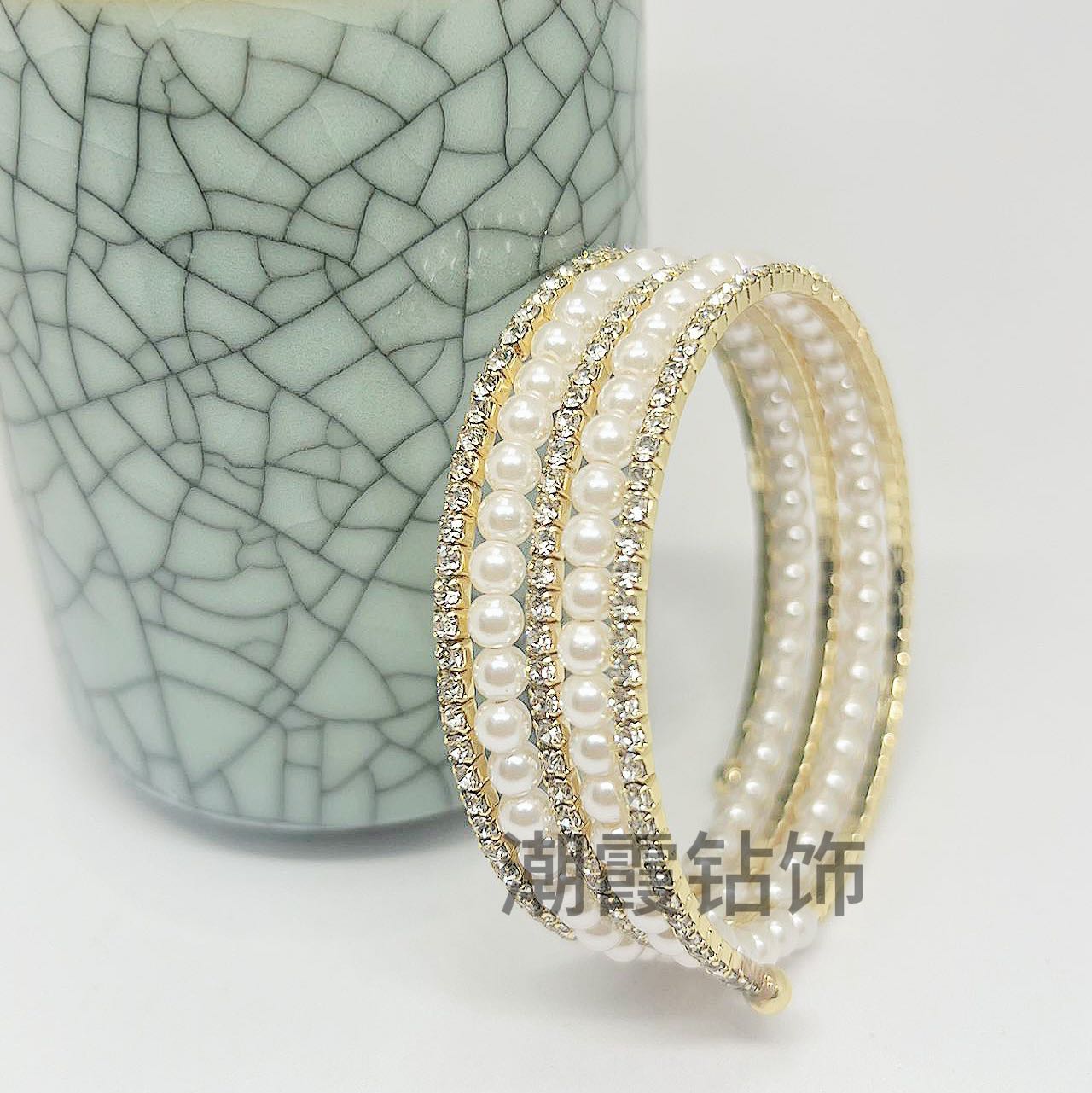 Trendy Diamond Jewelry Crystal Full Diamond Multi Layer Bracelet Pearl Water Diamond Wrapped Open Bracelet Inlaid Diamond Bracelet for Women