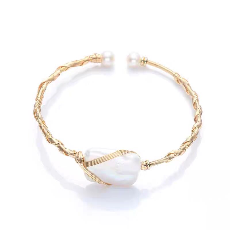 Irregular natural freshwater pearl block geometric wrapped silk bracelet