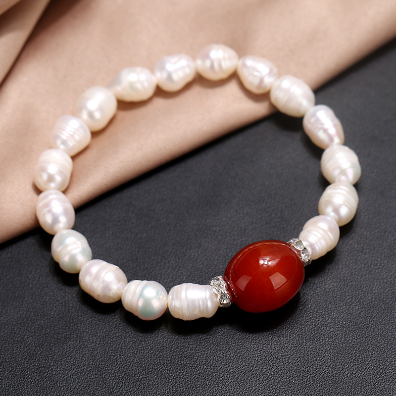 Popular rice shaped natural freshwater pearl bracelet with drum shaped agate and pearl bracelet for women