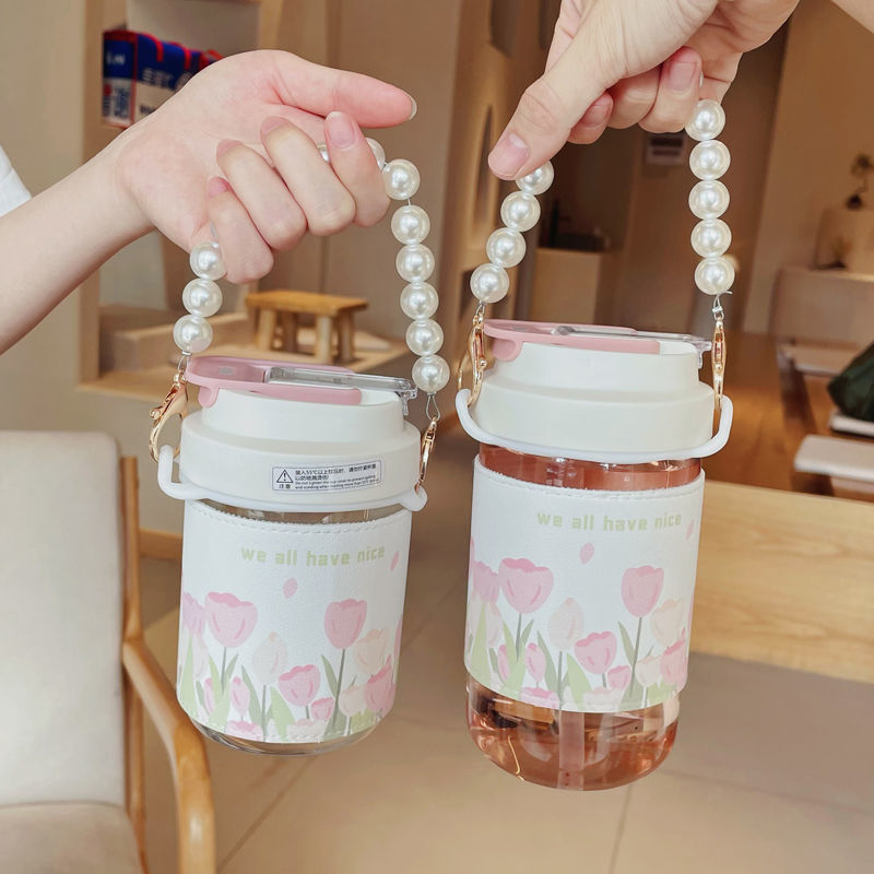 Pearl bead tea cup handle chain cup cover handle casual tea cup bag pearl handle