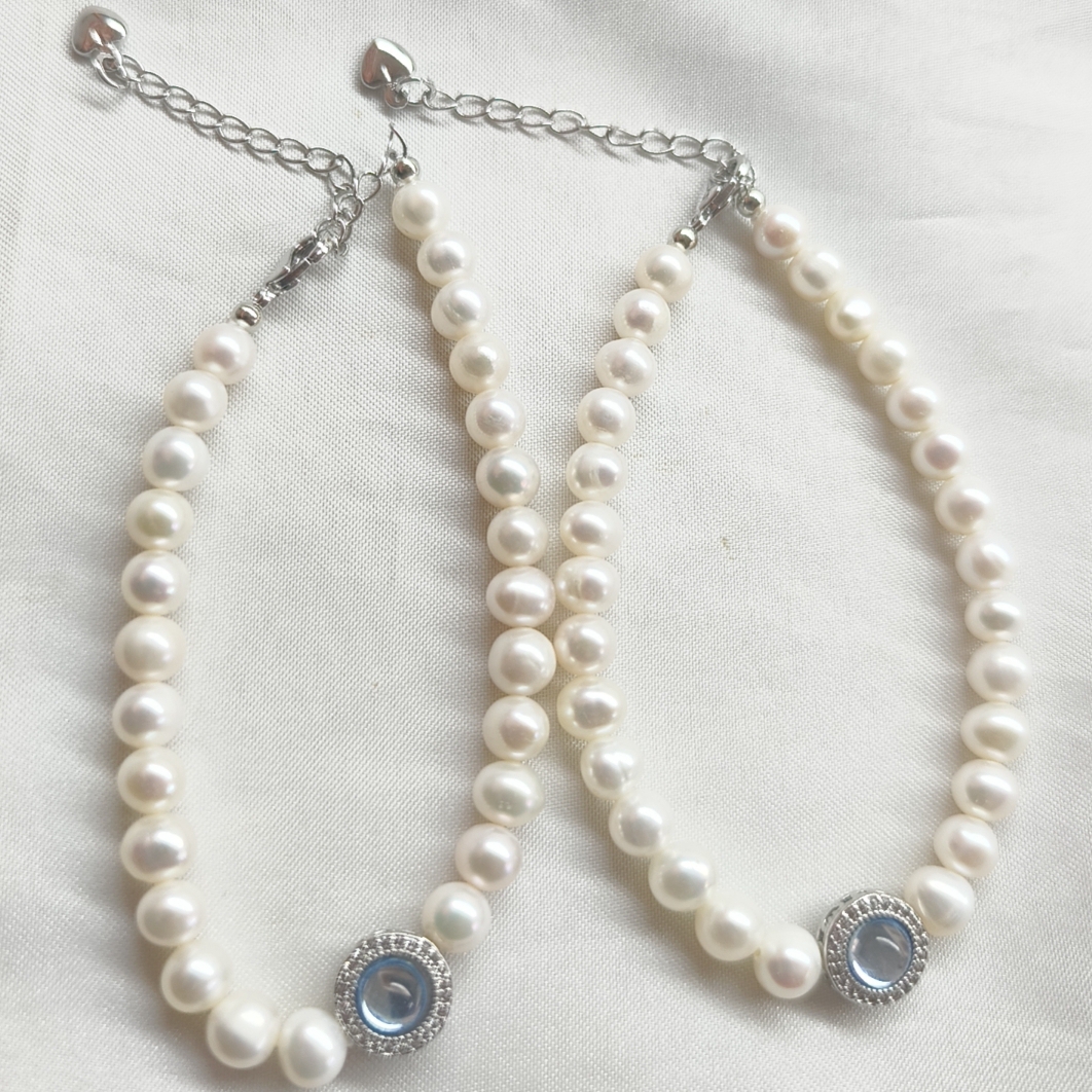 Sea Blue Treasure Micro Inlaid 5-6MM Freshwater Pearl Near Round Flawless Pearl Bracelet Hand String