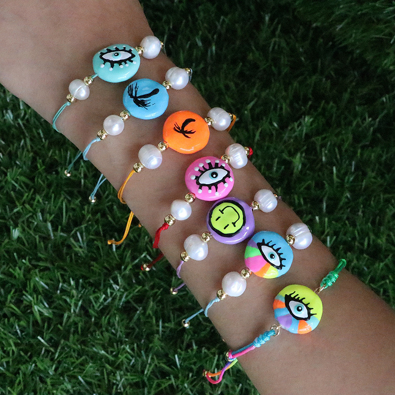 New design: Colorful Drip Oil Eyes, Freshwater Pearl, Evil Eye Charm Bracelet, Pearl Shape Random
