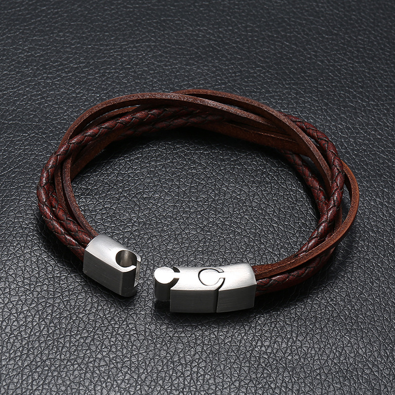 Punk's new stainless steel magnetic buckle bracelet, hand woven retro cowhide bracelet, cross-border one-piece dropshipping