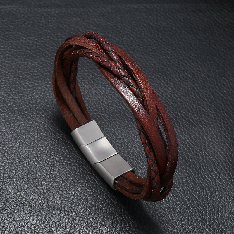 Punk's new stainless steel magnetic buckle bracelet, hand woven retro cowhide bracelet, cross-border one-piece dropshipping