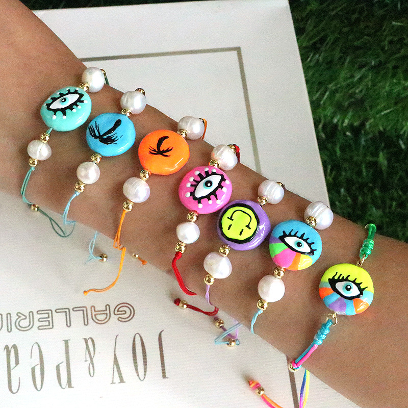 New design: Colorful Drip Oil Eyes, Freshwater Pearl, Evil Eye Charm Bracelet, Pearl Shape Random