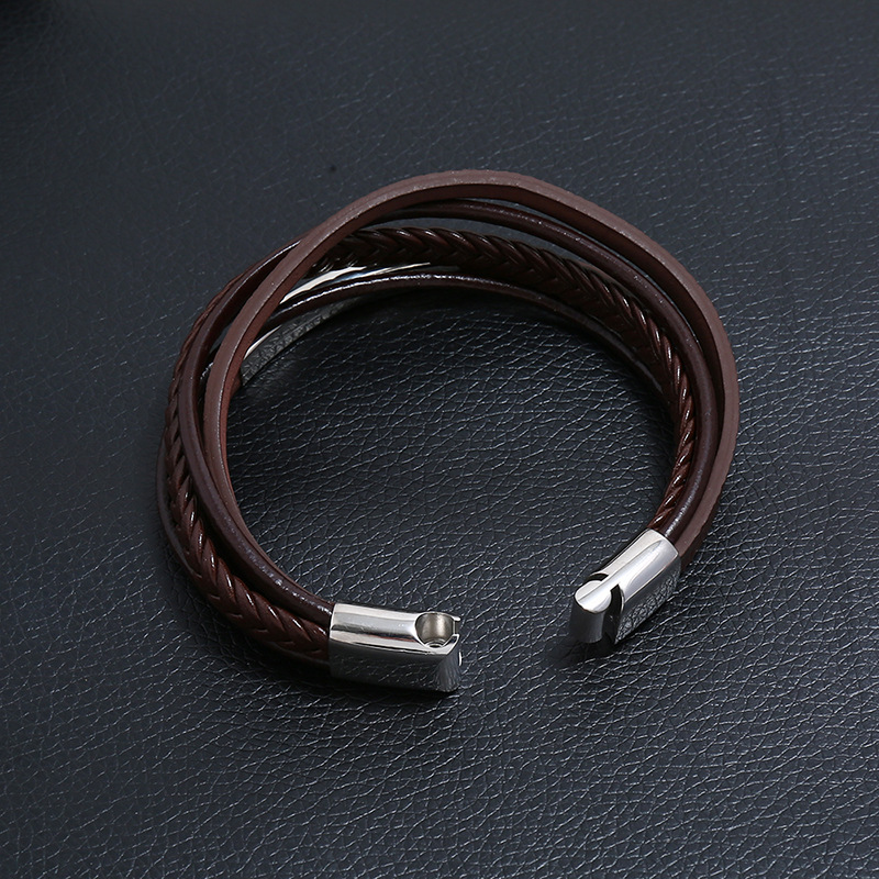 Cross border hot selling hot selling stainless steel leather bracelet, simple multi-layer cowhide retro woven titanium steel bracelet
