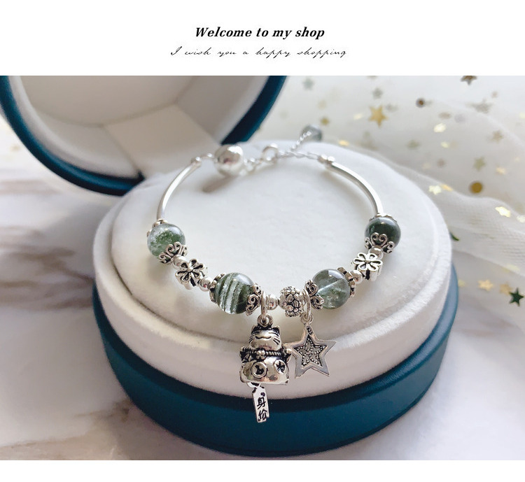 Natural Green Ghost Crystal Bracelet, Women's Wealth Cat Bead 925 Silver, Minimalist and Unique Design, Ins Thousand Layer Yarn