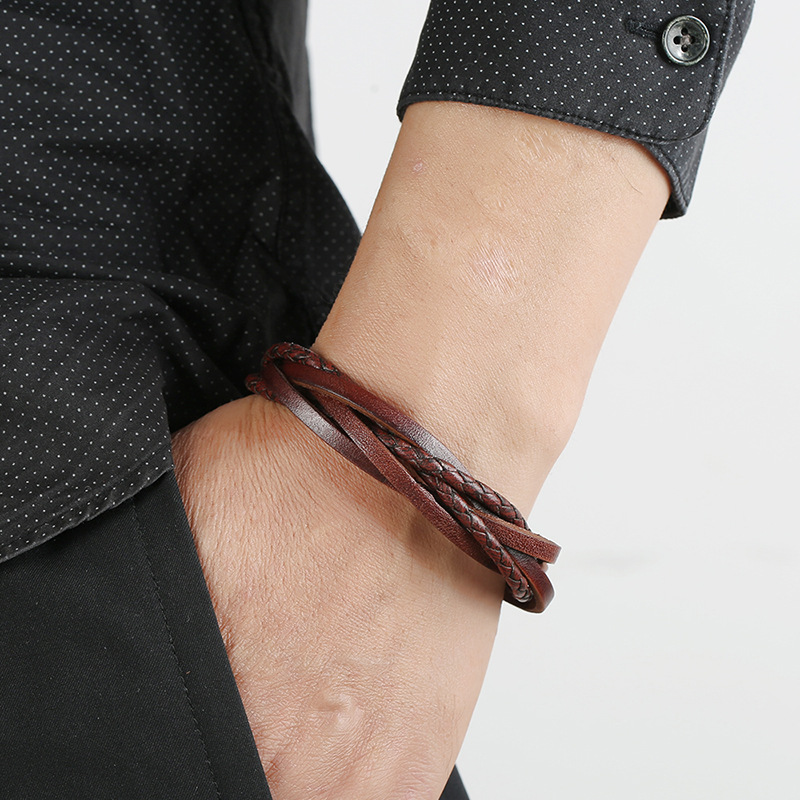 Punk's new stainless steel magnetic buckle bracelet, hand woven retro cowhide bracelet, cross-border one-piece dropshipping