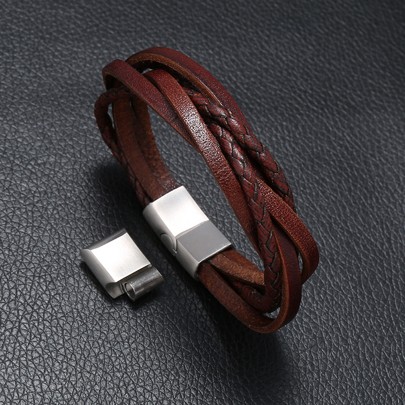 Punk's new stainless steel magnetic buckle bracelet, hand woven retro cowhide bracelet, cross-border one-piece dropshipping