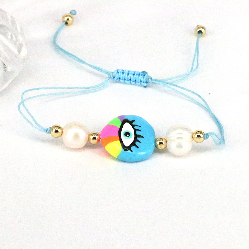 New design: Colorful Drip Oil Eyes, Freshwater Pearl, Evil Eye Charm Bracelet, Pearl Shape Random