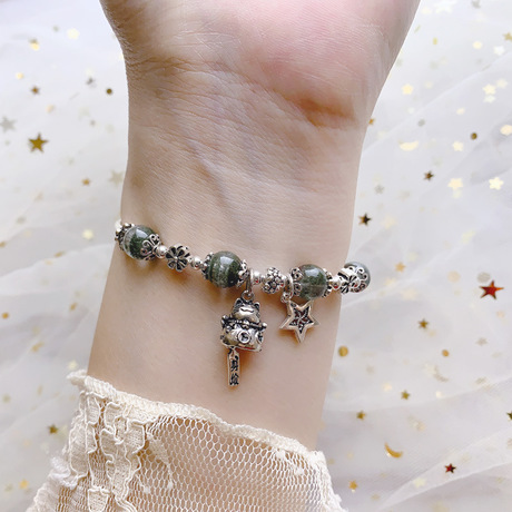 Natural Green Ghost Crystal Bracelet, Women's Wealth Cat Bead 925 Silver, Minimalist and Unique Design, Ins Thousand Layer Yarn