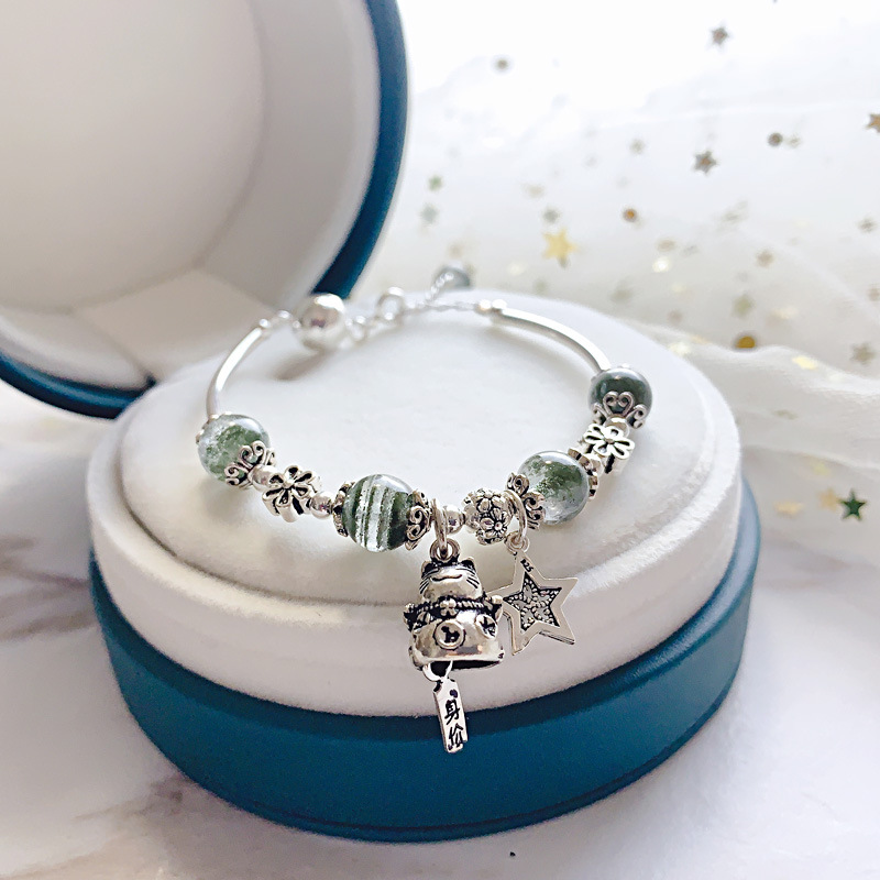 Natural Green Ghost Crystal Bracelet, Women's Wealth Cat Bead 925 Silver, Minimalist and Unique Design, Ins Thousand Layer Yarn