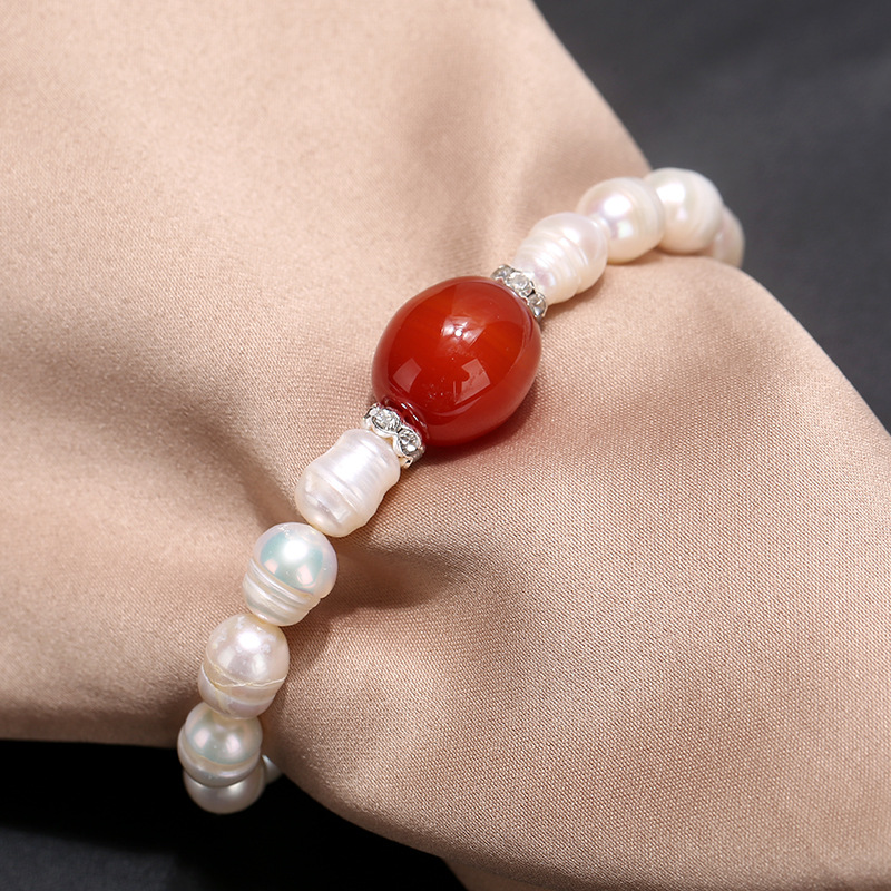 Popular rice shaped natural freshwater pearl bracelet with drum shaped agate and pearl bracelet for women