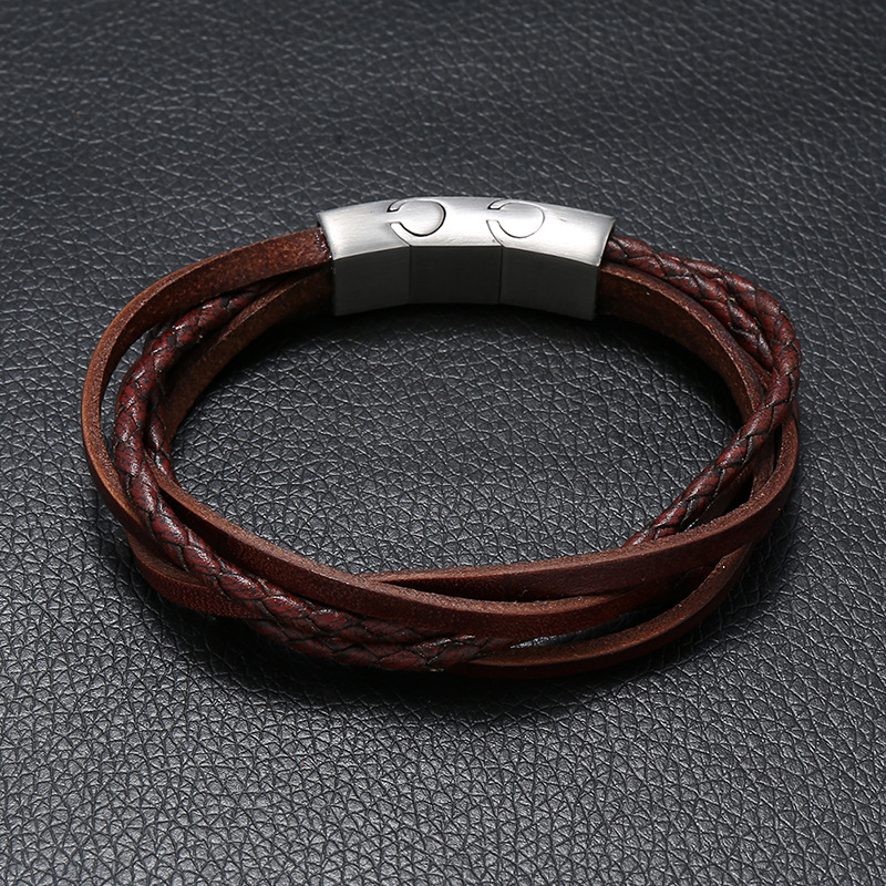 Punk's new stainless steel magnetic buckle bracelet, hand woven retro cowhide bracelet, cross-border one-piece dropshipping