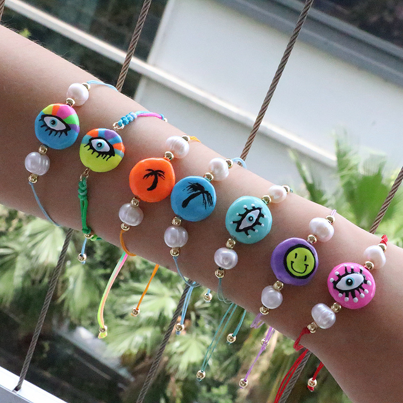 New design: Colorful Drip Oil Eyes, Freshwater Pearl, Evil Eye Charm Bracelet, Pearl Shape Random