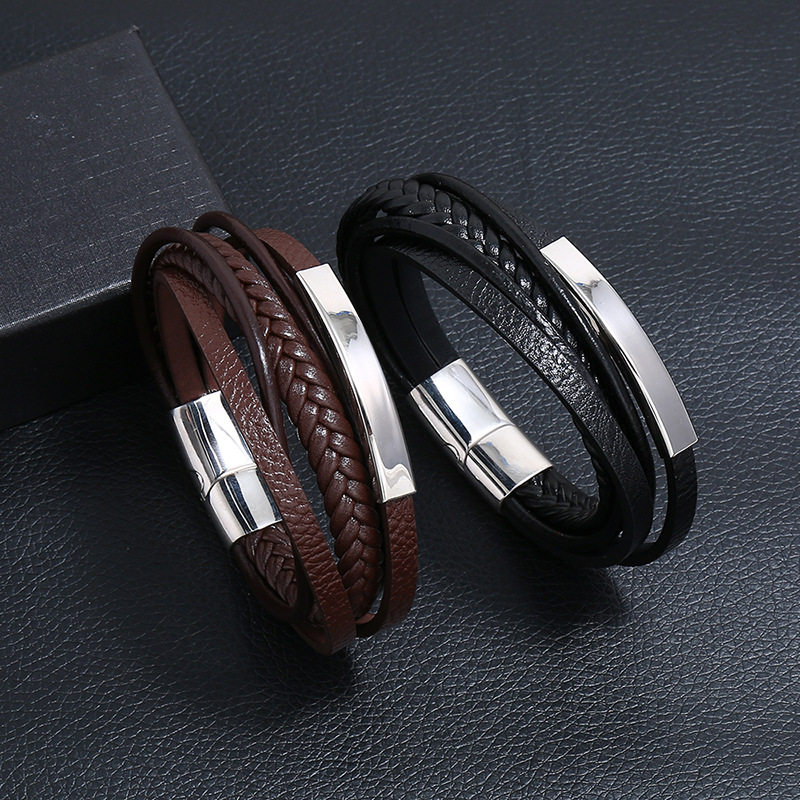 Cross border hot selling hot selling stainless steel leather bracelet, simple multi-layer cowhide retro woven titanium steel bracelet
