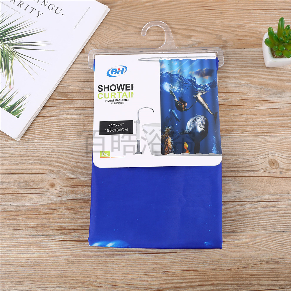[Baihao] Cross border waterproof shower curtain, digital printing shower curtain, waterproof belt hook, polyester bathroom curtain combination