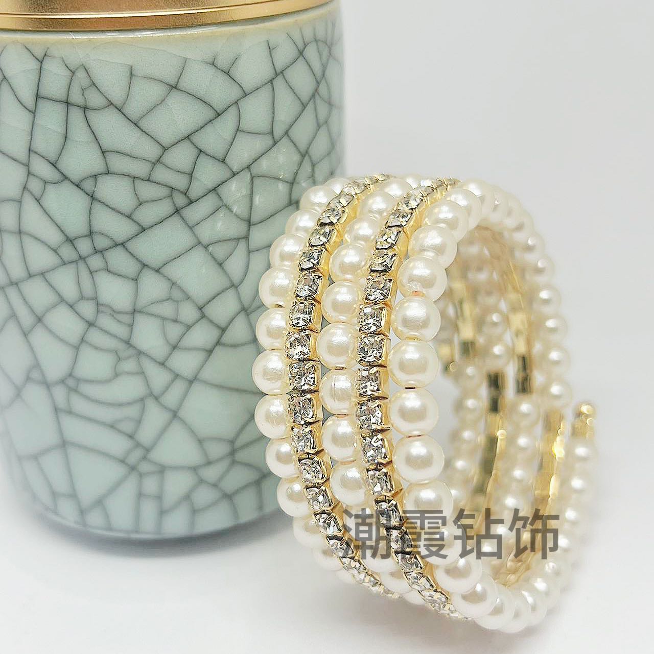 Trendy Diamond Jewelry Crystal Full Diamond Multi Layer Bracelet Pearl Water Diamond Wrapped Open Bracelet Inlaid Diamond Bracelet for Women