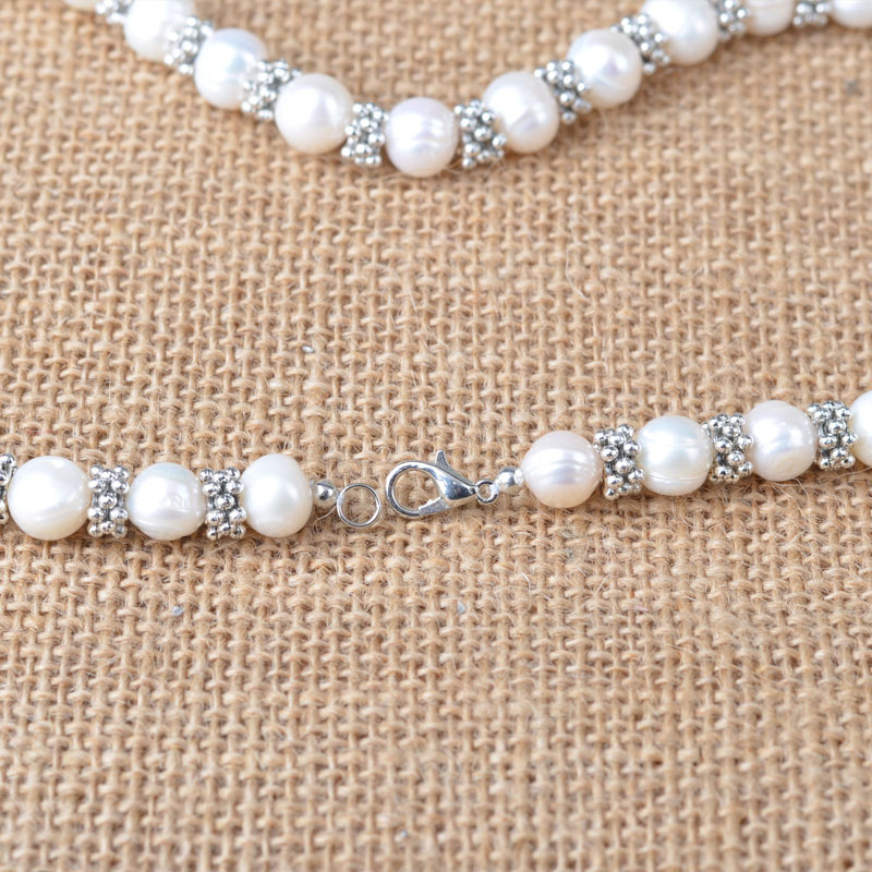 Wholesale original 9-10mm punch near garden breeding pearl ancient silver snowflake necklace bracelet clothing accessories set