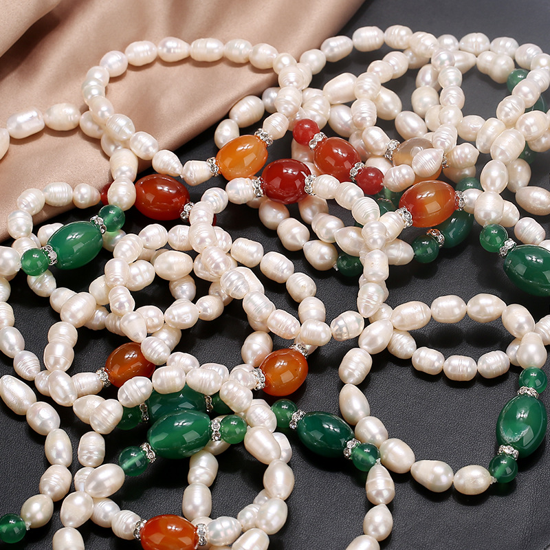 Popular rice shaped natural freshwater pearl bracelet with drum shaped agate and pearl bracelet for women