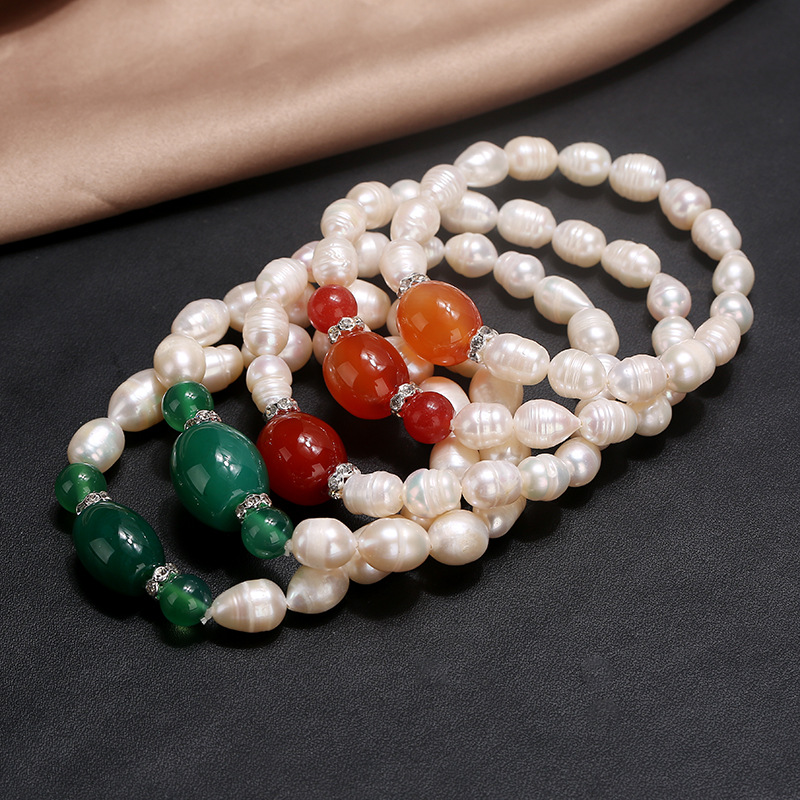 Popular rice shaped natural freshwater pearl bracelet with drum shaped agate and pearl bracelet for women
