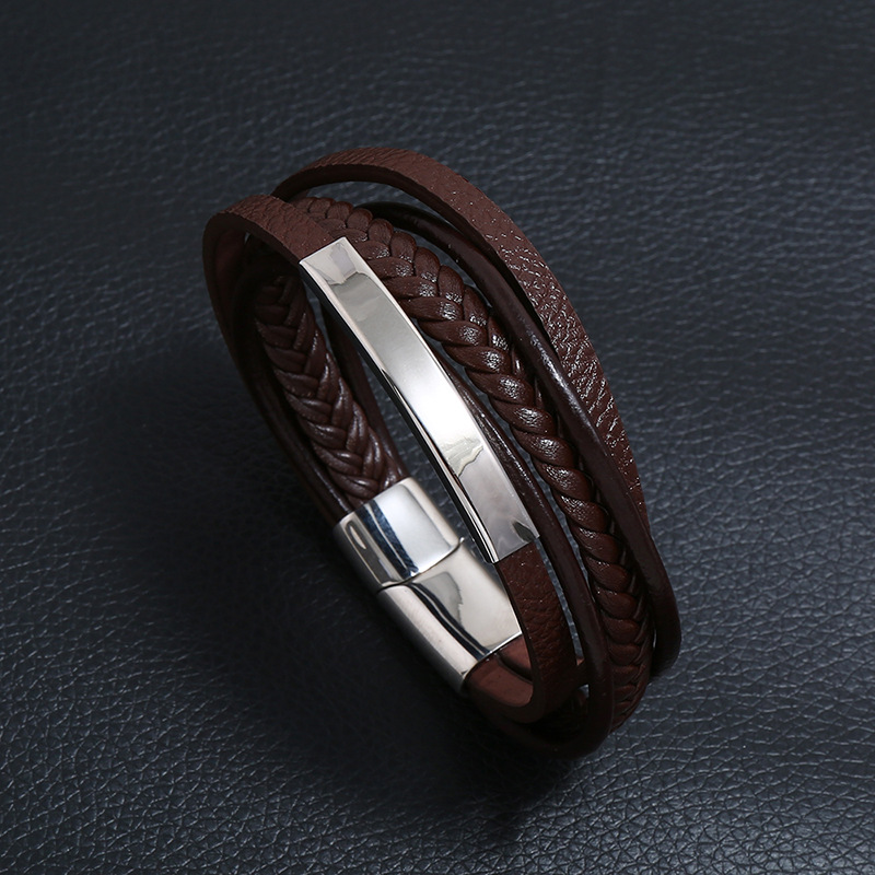 Cross border hot selling hot selling stainless steel leather bracelet, simple multi-layer cowhide retro woven titanium steel bracelet