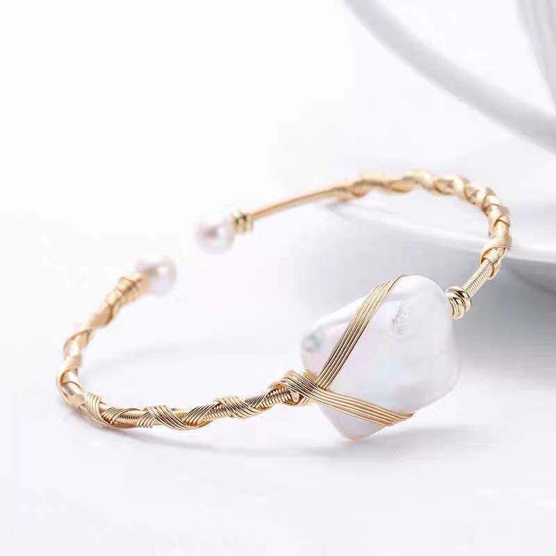 Irregular natural freshwater pearl block geometric wrapped silk bracelet
